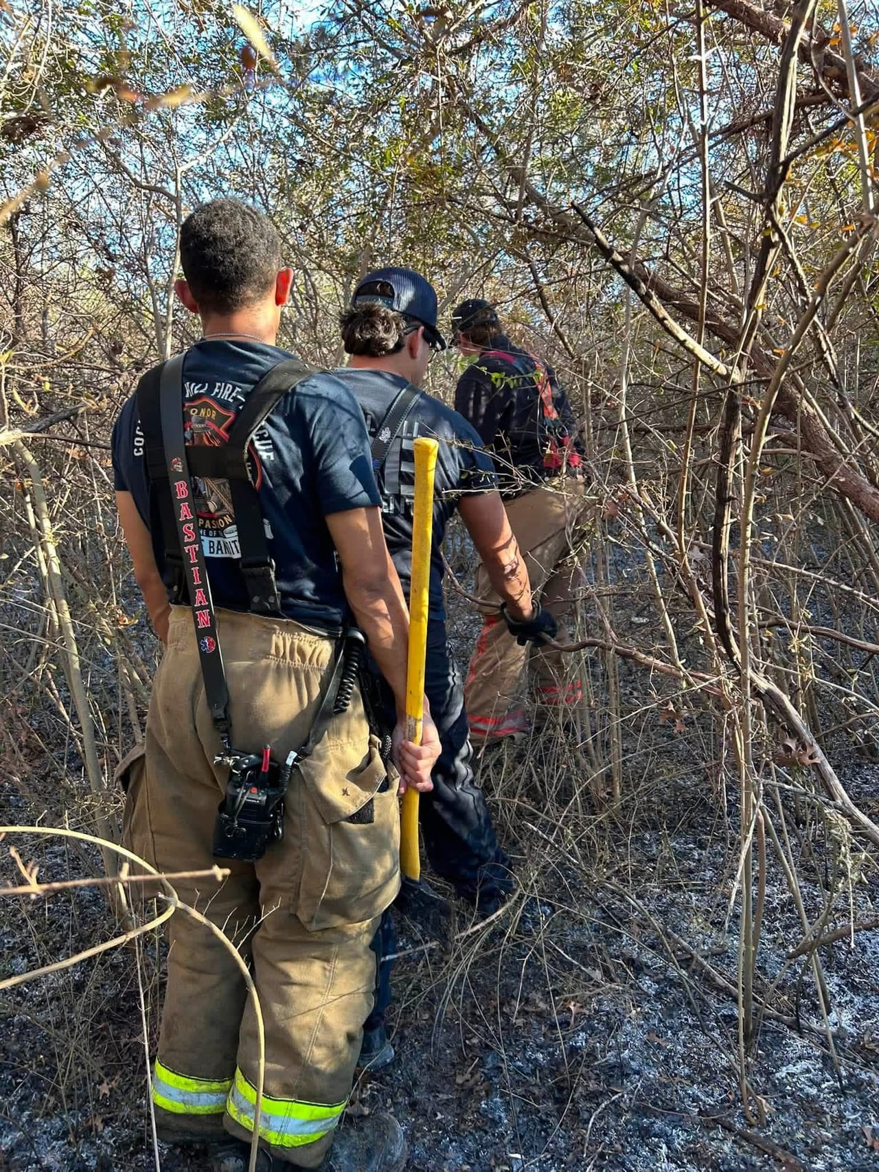 Firefighters in turnout gear and air packs walk into dry brush and trees, one carrying a hand tool